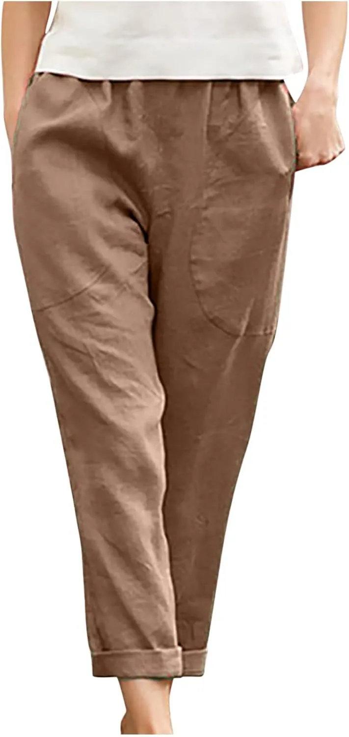 Womens Casual Loose Elastic Waist Trouser Cotton Lined Straight Leg Lounge Pants Fashion Plus Size Vacation Clothes