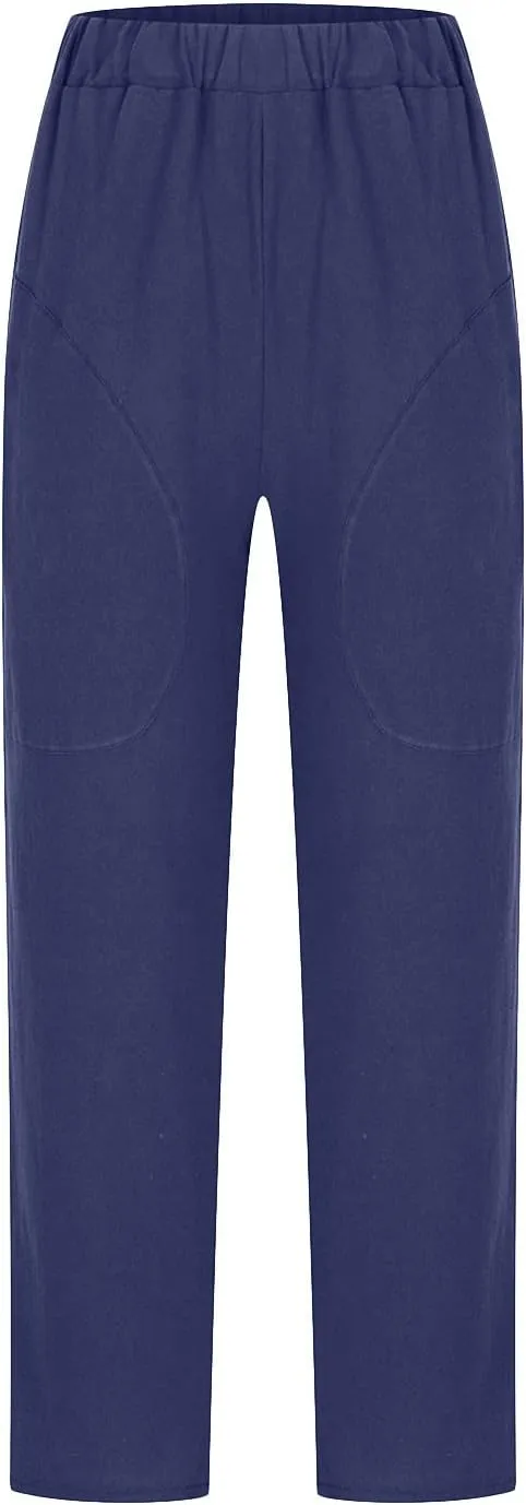 Womens Casual Loose Elastic Waist Trouser Cotton Lined Straight Leg Lounge Pants Fashion Plus Size Vacation Clothes
