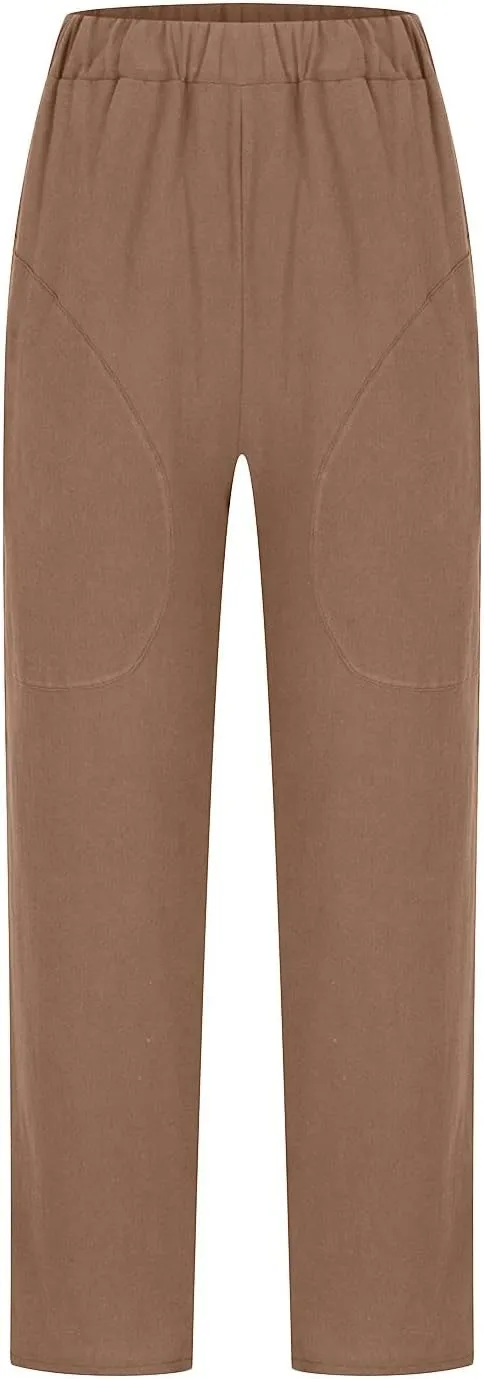 Womens Casual Loose Elastic Waist Trouser Cotton Lined Straight Leg Lounge Pants Fashion Plus Size Vacation Clothes