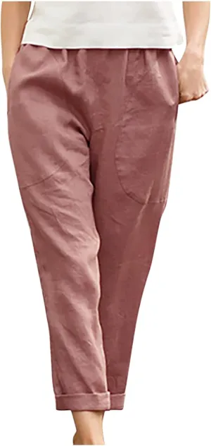 Womens Casual Loose Elastic Waist Trouser Cotton Lined Straight Leg Lounge Pants Fashion Plus Size Vacation Clothes
