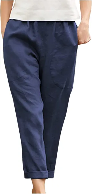 Womens Casual Loose Elastic Waist Trouser Cotton Lined Straight Leg Lounge Pants Fashion Plus Size Vacation Clothes