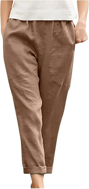 Womens Casual Loose Elastic Waist Trouser Cotton Lined Straight Leg Lounge Pants Fashion Plus Size Vacation Clothes