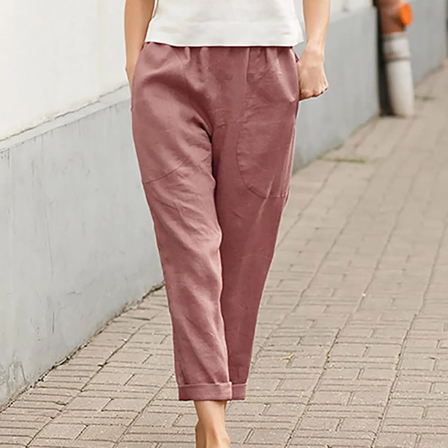 Womens Casual Loose Elastic Waist Trouser Cotton Lined Straight Leg Lounge Pants Fashion Plus Size Vacation Clothes