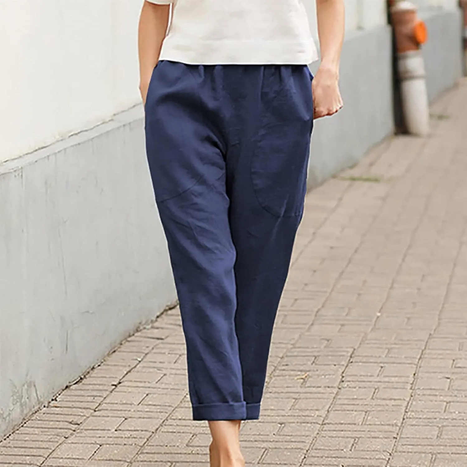Womens Casual Loose Elastic Waist Trouser Cotton Lined Straight Leg Lounge Pants Fashion Plus Size Vacation Clothes