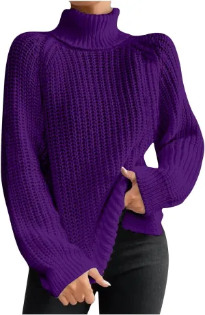 Womens Casual Turtleneck Sweater Chunky Cable Knit Pullover Sweaters Solid Loose Fit Oversized Fall Sweaters
