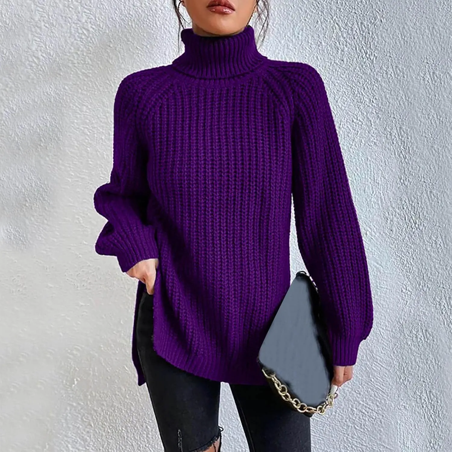Womens Casual Turtleneck Sweater Chunky Cable Knit Pullover Sweaters Solid Loose Fit Oversized Fall Sweaters