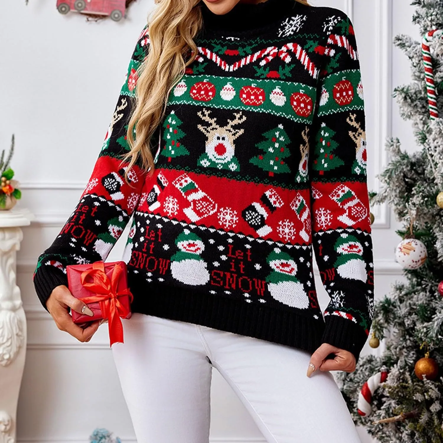 Womens Christmas Clothes Christmas Print Cardigan Sweater Knit Pullover Crewneck Hoodie Woman Tops Flowy Tops for