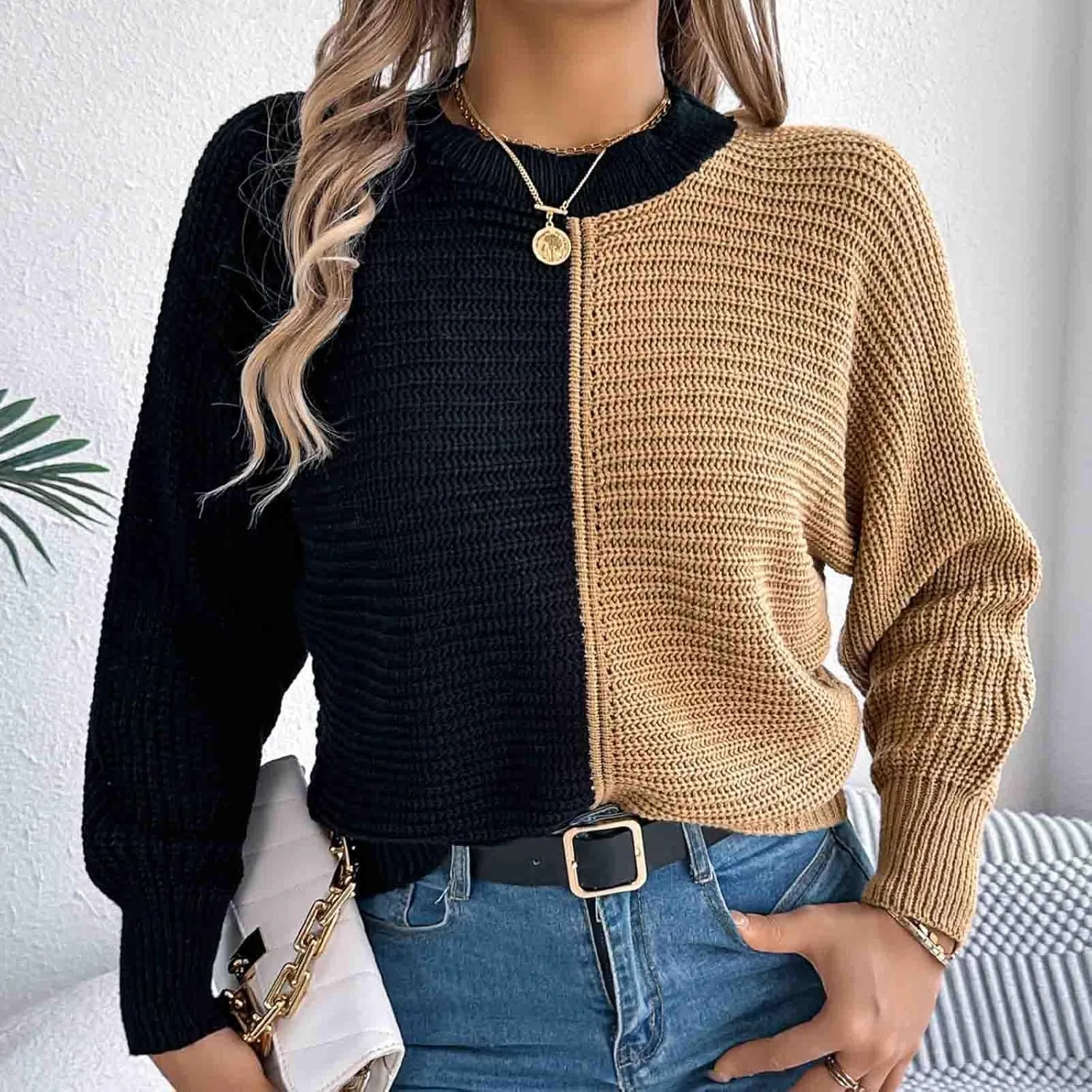 Womens Chunky Knit Sweaters Casual Solid Color Patchwork Pullover Tops Knitted Sweater with Shoulder Sleeves