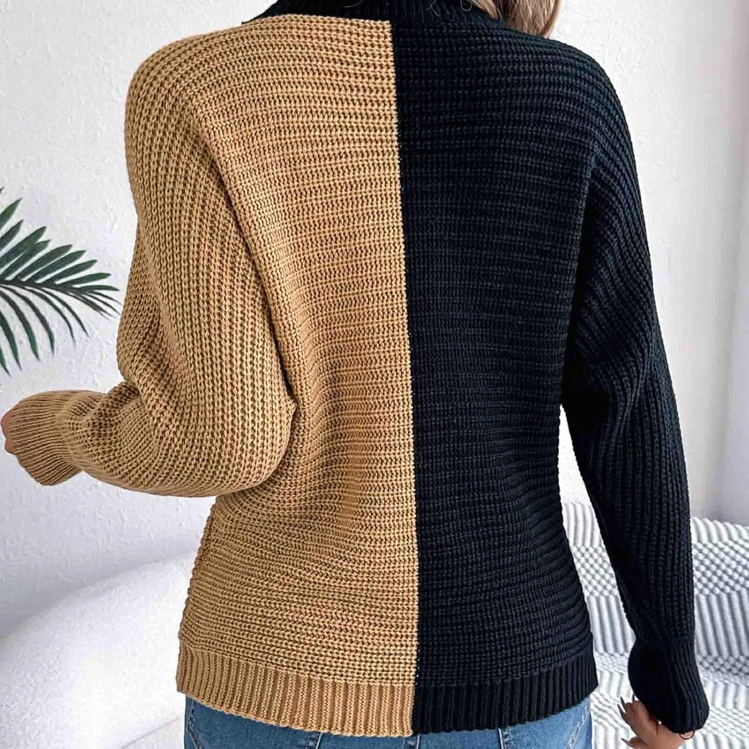 Womens Chunky Knit Sweaters Casual Solid Color Patchwork Pullover Tops Knitted Sweater with Shoulder Sleeves