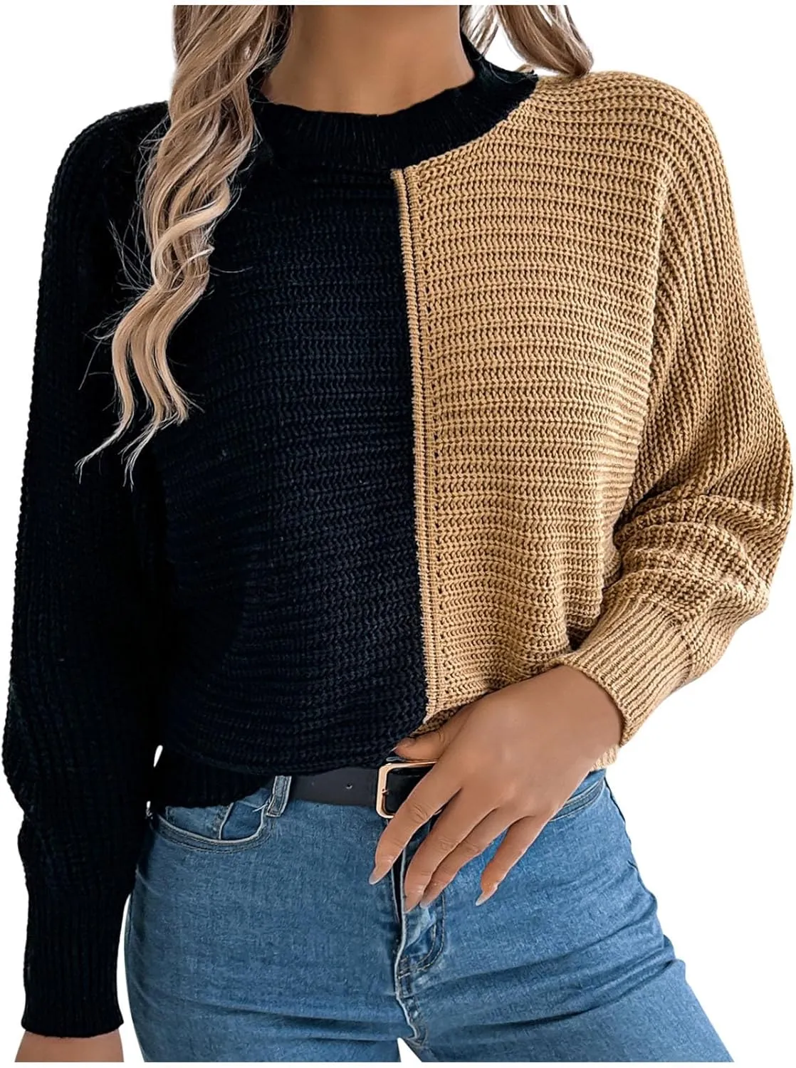 Womens Chunky Knit Sweaters Casual Solid Color Patchwork Pullover Tops Knitted Sweater with Shoulder Sleeves