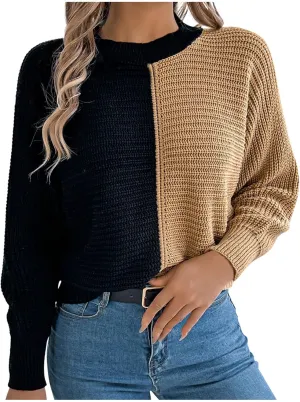 Womens Chunky Knit Sweaters Casual Solid Color Patchwork Pullover Tops Knitted Sweater with Shoulder Sleeves
