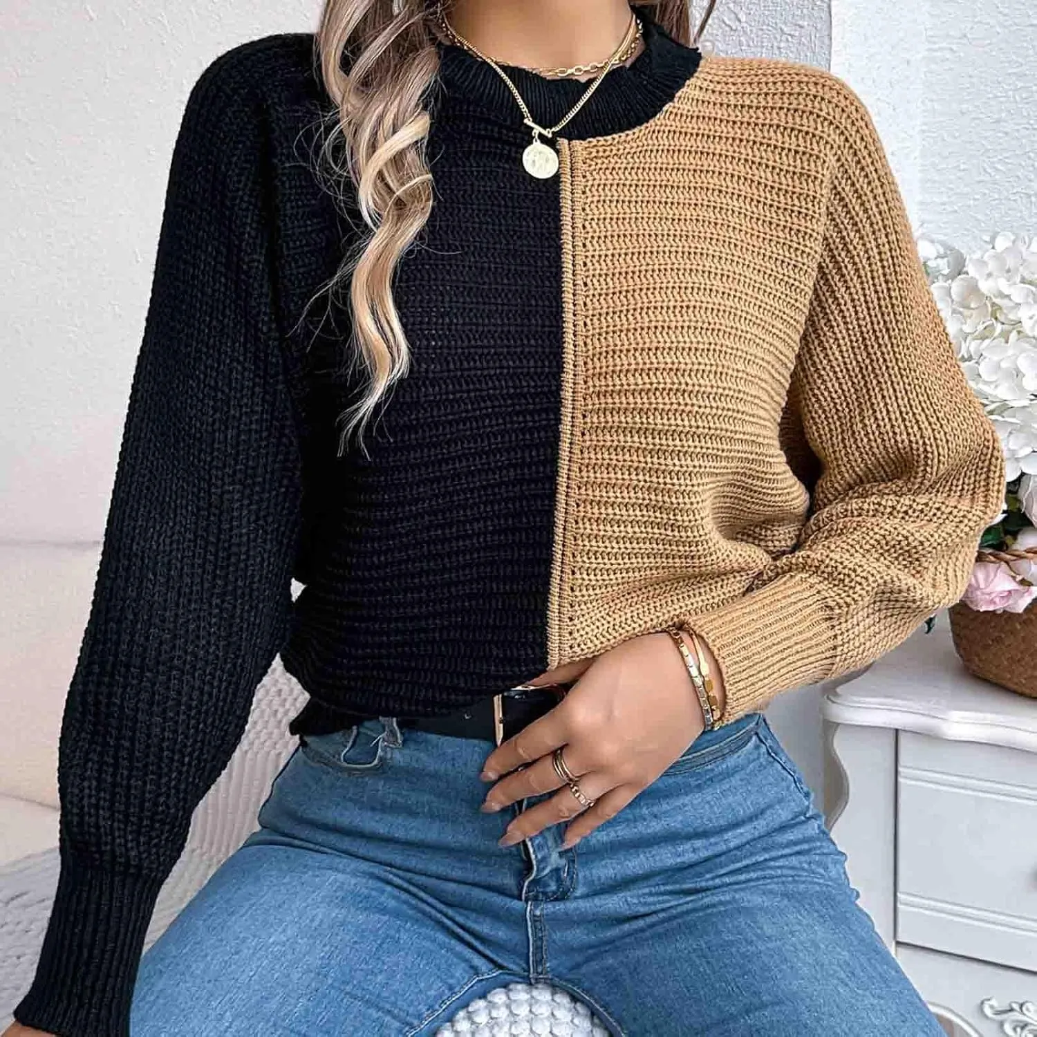 Womens Chunky Knit Sweaters Casual Solid Color Patchwork Pullover Tops Knitted Sweater with Shoulder Sleeves