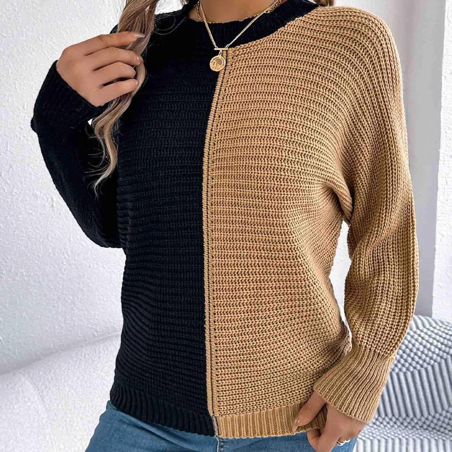 Womens Chunky Knit Sweaters Casual Solid Color Patchwork Pullover Tops Knitted Sweater with Shoulder Sleeves