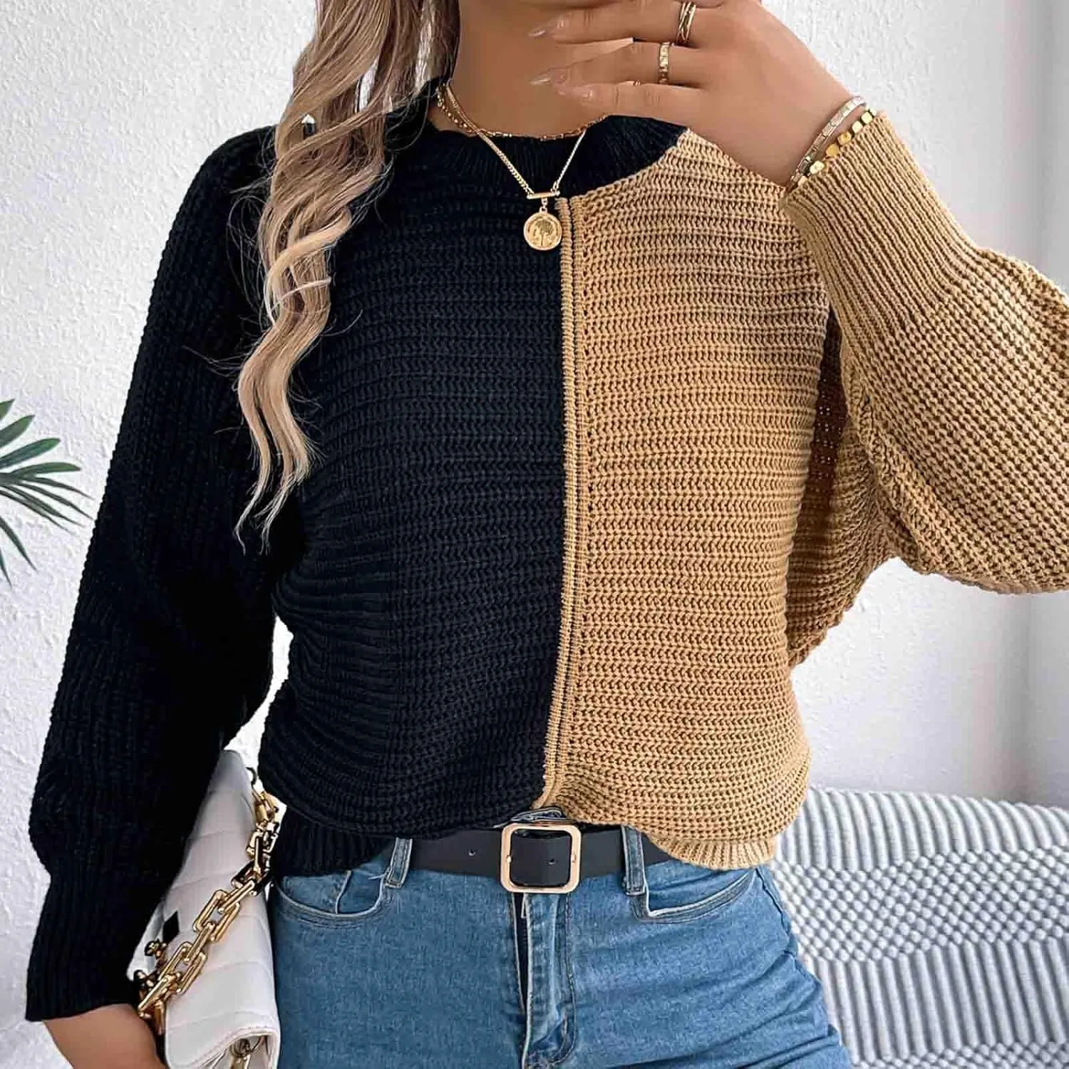 Womens Chunky Knit Sweaters Casual Solid Color Patchwork Pullover Tops Knitted Sweater with Shoulder Sleeves