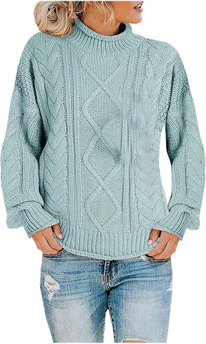 Womens Chunky Knitted Sweaters 2023 Fall Turtleneck Sweaters Loose Oversized Pullover Sweaters Batwing Sleeve Tops