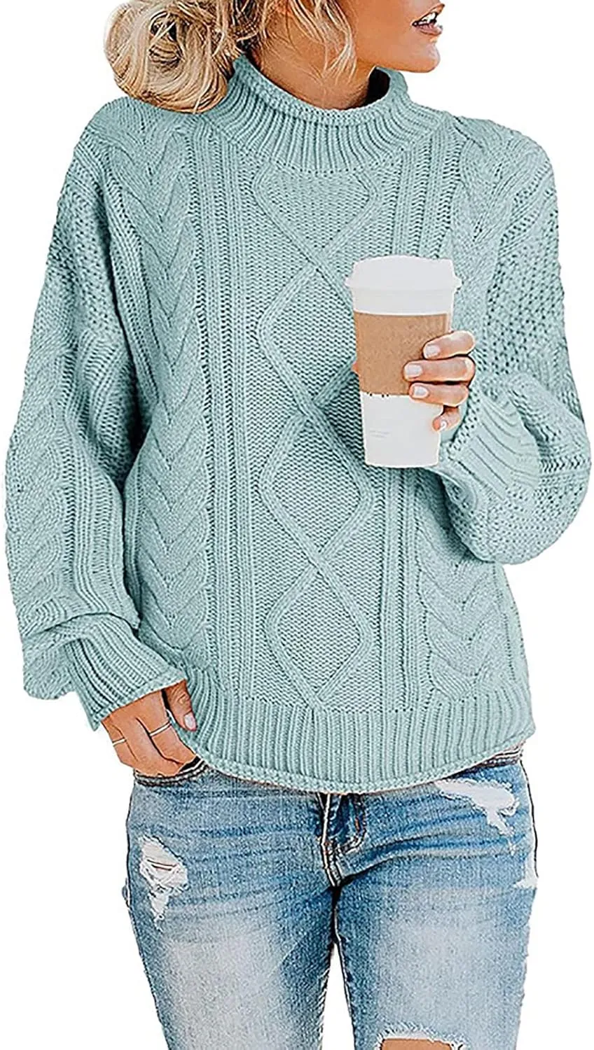Womens Chunky Knitted Sweaters 2023 Fall Turtleneck Sweaters Loose Oversized Pullover Sweaters Batwing Sleeve Tops