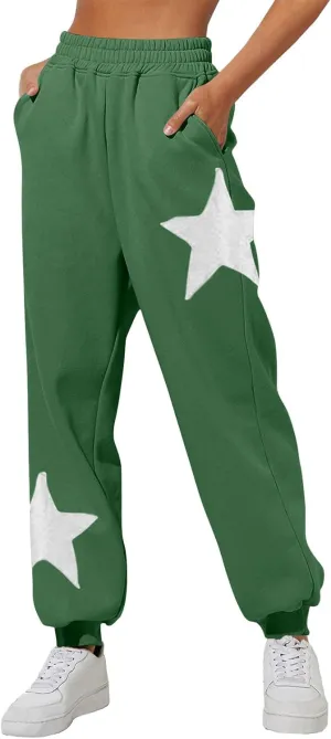 Womens Cinch Bottom Sweatpants Stars Print High Waisted Athletic Joggers Fleece Lined Lounge Trousers Winter Outfits