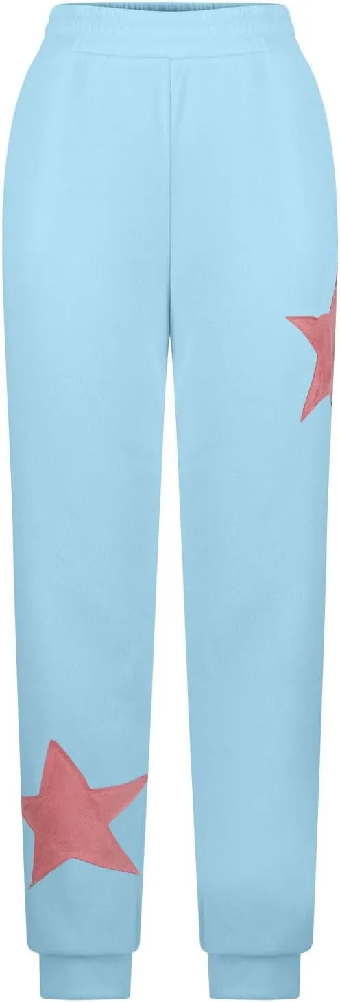 Womens Cinch Bottom Sweatpants Stars Print High Waisted Athletic Joggers Fleece Lined Lounge Trousers Winter Outfits