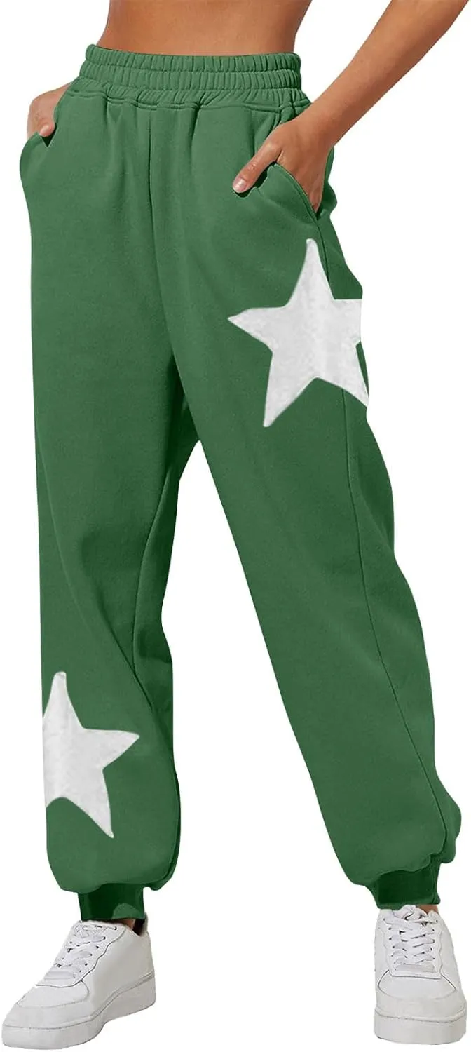 Womens Cinch Bottom Sweatpants Stars Print High Waisted Athletic Joggers Fleece Lined Lounge Trousers Winter Outfits