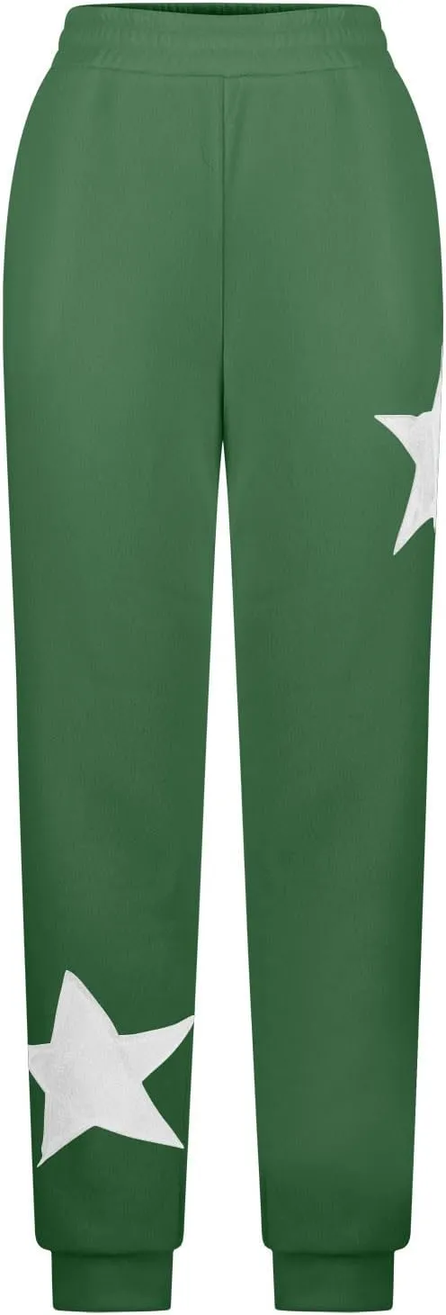 Womens Cinch Bottom Sweatpants Stars Print High Waisted Athletic Joggers Fleece Lined Lounge Trousers Winter Outfits