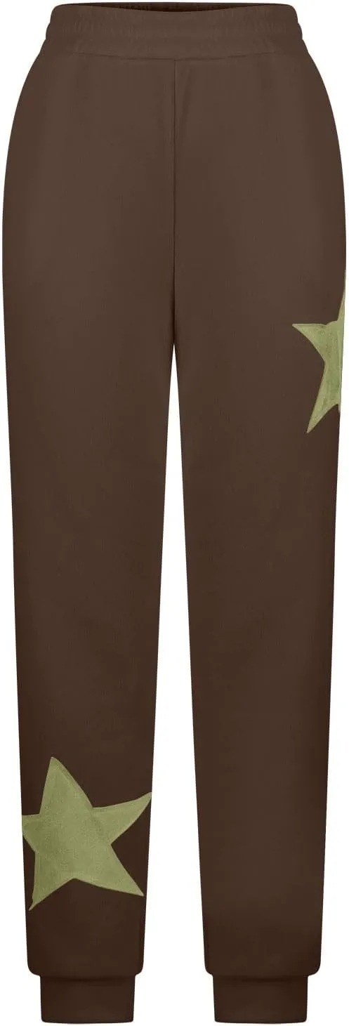 Womens Cinch Bottom Sweatpants Stars Print High Waisted Athletic Joggers Fleece Lined Lounge Trousers Winter Outfits