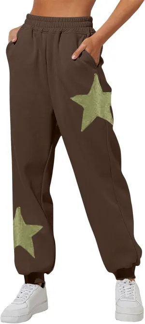 Womens Cinch Bottom Sweatpants Stars Print High Waisted Athletic Joggers Fleece Lined Lounge Trousers Winter Outfits