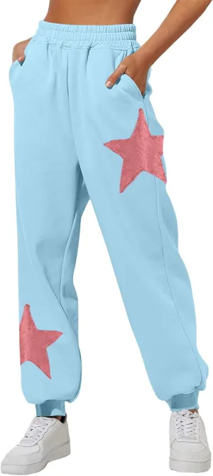 Womens Cinch Bottom Sweatpants Stars Print High Waisted Athletic Joggers Fleece Lined Lounge Trousers Winter Outfits