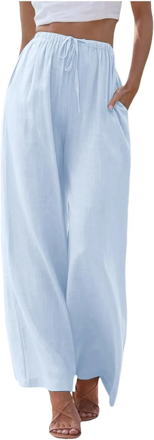 Womens Cotton Linen Palazzo Pants Drawstring Elastic Waist Casual Wide Leg Trousers Summer Beach Flowy Pants Pockets