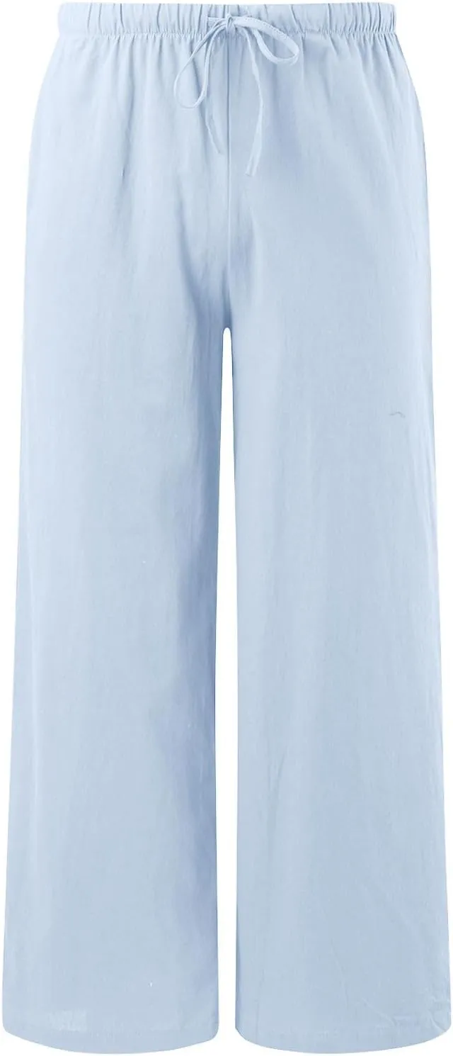 Womens Cotton Linen Palazzo Pants Drawstring Elastic Waist Casual Wide Leg Trousers Summer Beach Flowy Pants Pockets