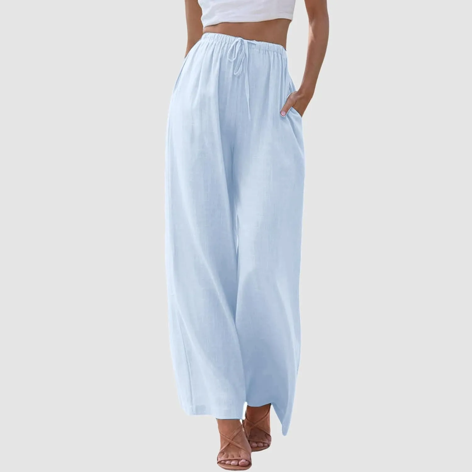Womens Cotton Linen Palazzo Pants Drawstring Elastic Waist Casual Wide Leg Trousers Summer Beach Flowy Pants Pockets