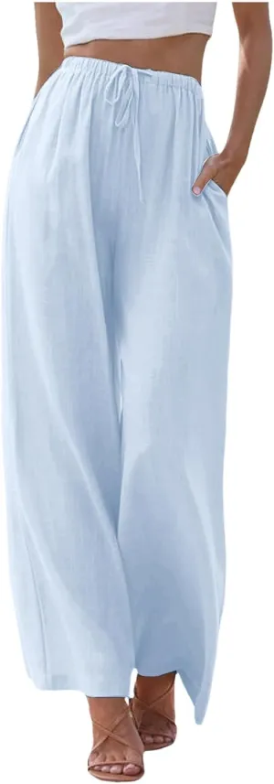 Womens Cotton Linen Palazzo Pants Drawstring Elastic Waist Casual Wide Leg Trousers Summer Beach Flowy Pants Pockets