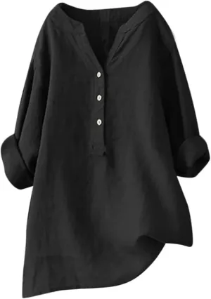 Womens Cotton Linen Shirts Solid 3/4 Sleeve Tunic Tops Oversized Tshirts Casual V Neck Dressy Blouses