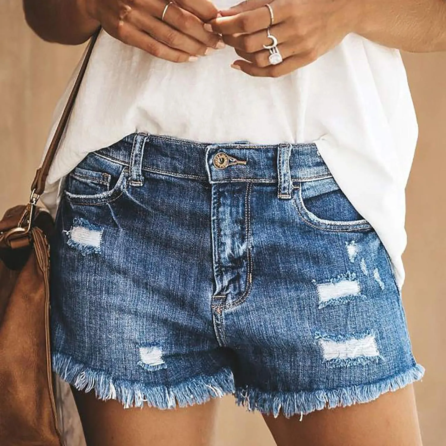 Women's Denim Shorts High Waisted Ripped Stretchy Denim Hot Short Distressed Frayed Hem Jeans Shorts with Pockets