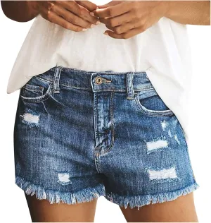 Women's Denim Shorts High Waisted Ripped Stretchy Denim Hot Short Distressed Frayed Hem Jeans Shorts with Pockets
