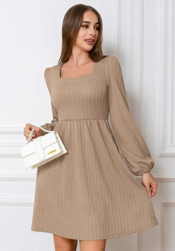 Womens Dresses 2024 Long Sleeve Square Neck Casual Fall Winter Short Tunic Sweater Dress with Pockets