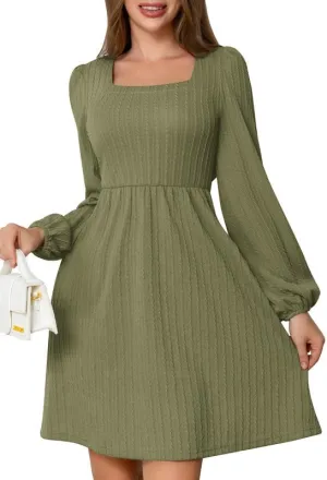 Womens Dresses 2024 Long Sleeve Square Neck Casual Fall Winter Short Tunic Sweater Dress with Pockets