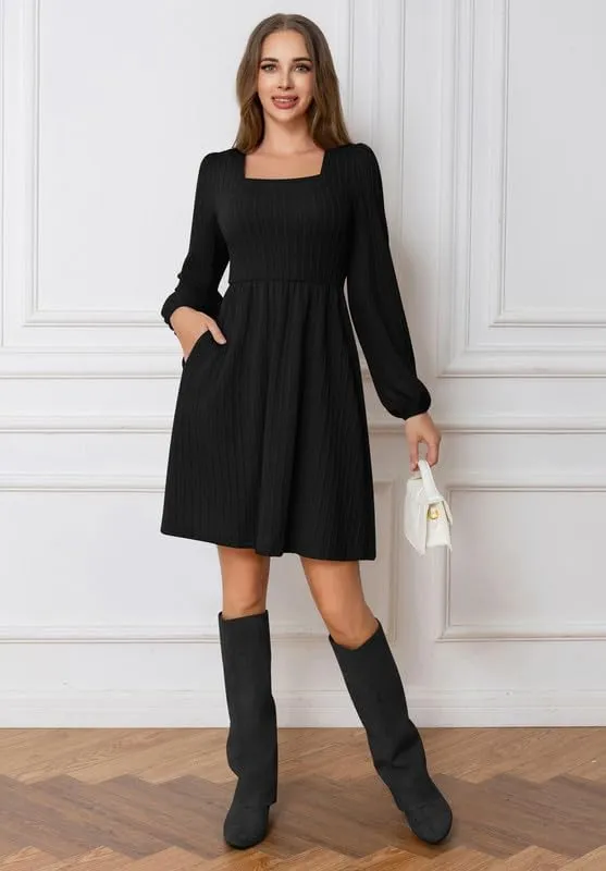 Womens Dresses 2024 Long Sleeve Square Neck Casual Fall Winter Short Tunic Sweater Dress with Pockets