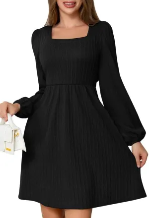 Womens Dresses 2024 Long Sleeve Square Neck Casual Fall Winter Short Tunic Sweater Dress with Pockets