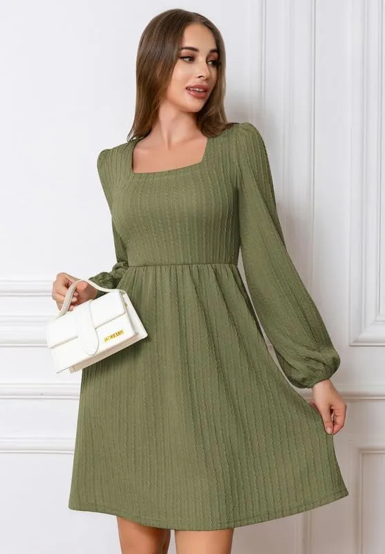 Womens Dresses 2024 Long Sleeve Square Neck Casual Fall Winter Short Tunic Sweater Dress with Pockets