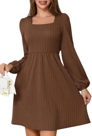 Womens Dresses 2024 Long Sleeve Square Neck Casual Fall Winter Short Tunic Sweater Dress with Pockets
