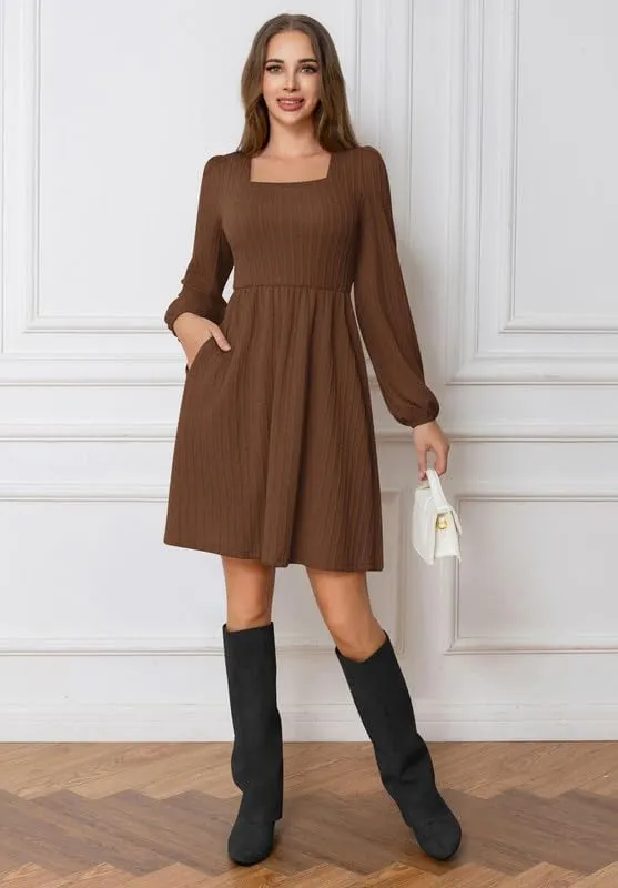 Womens Dresses 2024 Long Sleeve Square Neck Casual Fall Winter Short Tunic Sweater Dress with Pockets