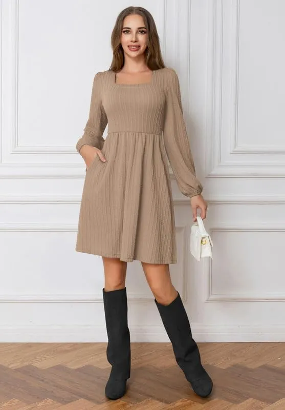 Womens Dresses 2024 Long Sleeve Square Neck Casual Fall Winter Short Tunic Sweater Dress with Pockets