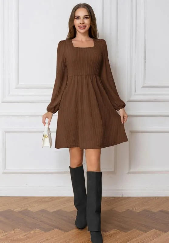 Womens Dresses 2024 Long Sleeve Square Neck Casual Fall Winter Short Tunic Sweater Dress with Pockets