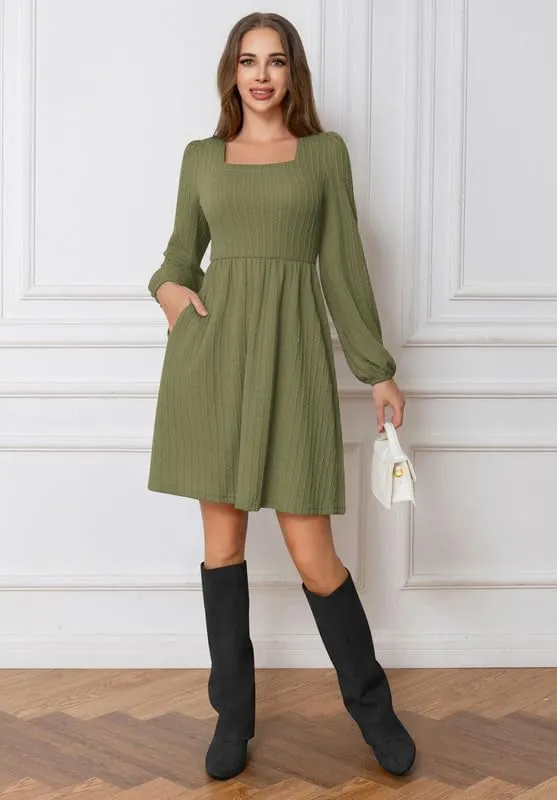 Womens Dresses 2024 Long Sleeve Square Neck Casual Fall Winter Short Tunic Sweater Dress with Pockets