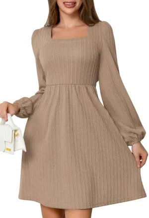 Womens Dresses 2024 Long Sleeve Square Neck Casual Fall Winter Short Tunic Sweater Dress with Pockets