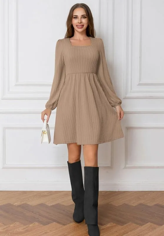 Womens Dresses 2024 Long Sleeve Square Neck Casual Fall Winter Short Tunic Sweater Dress with Pockets