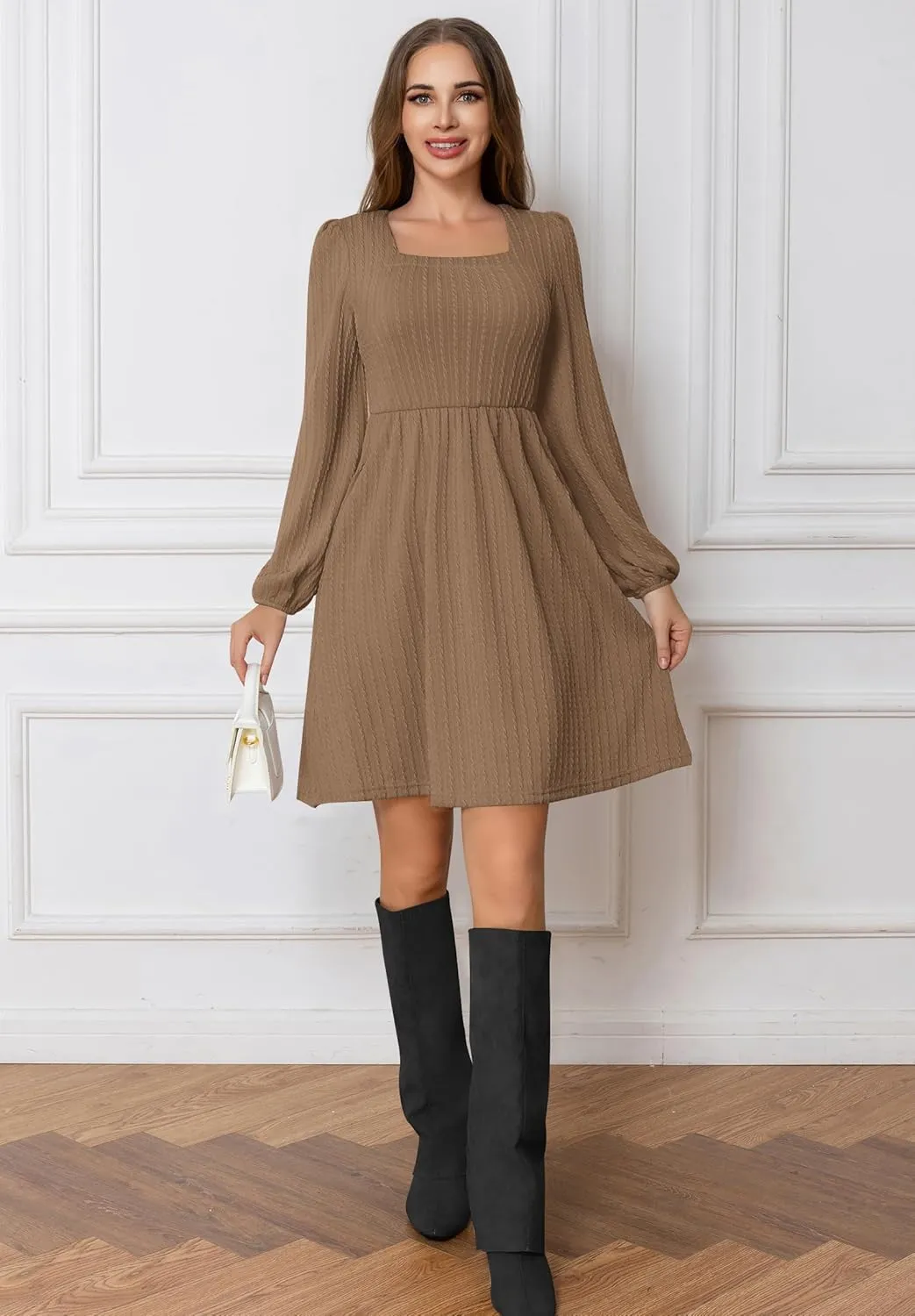 Womens Dresses 2024 Long Sleeve Square Neck Casual Fall Winter Short Tunic Sweater Dress with Pockets
