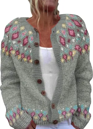 Womens Fair Isle Cardigan Sweater 2024 Vintage Graphic Chunky Knit Button Down Sweaters Fall Winter Oversized Jumpers