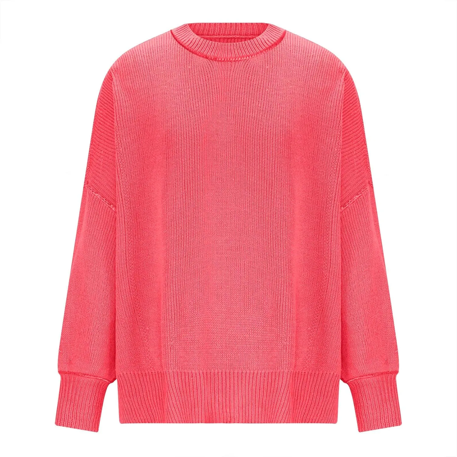 Womens Fall Fashion 2023 Crewneck Oversized Sweaters Batwing Long Sleeve Sweater Side Slit Ribbed Knit Pullover Tops