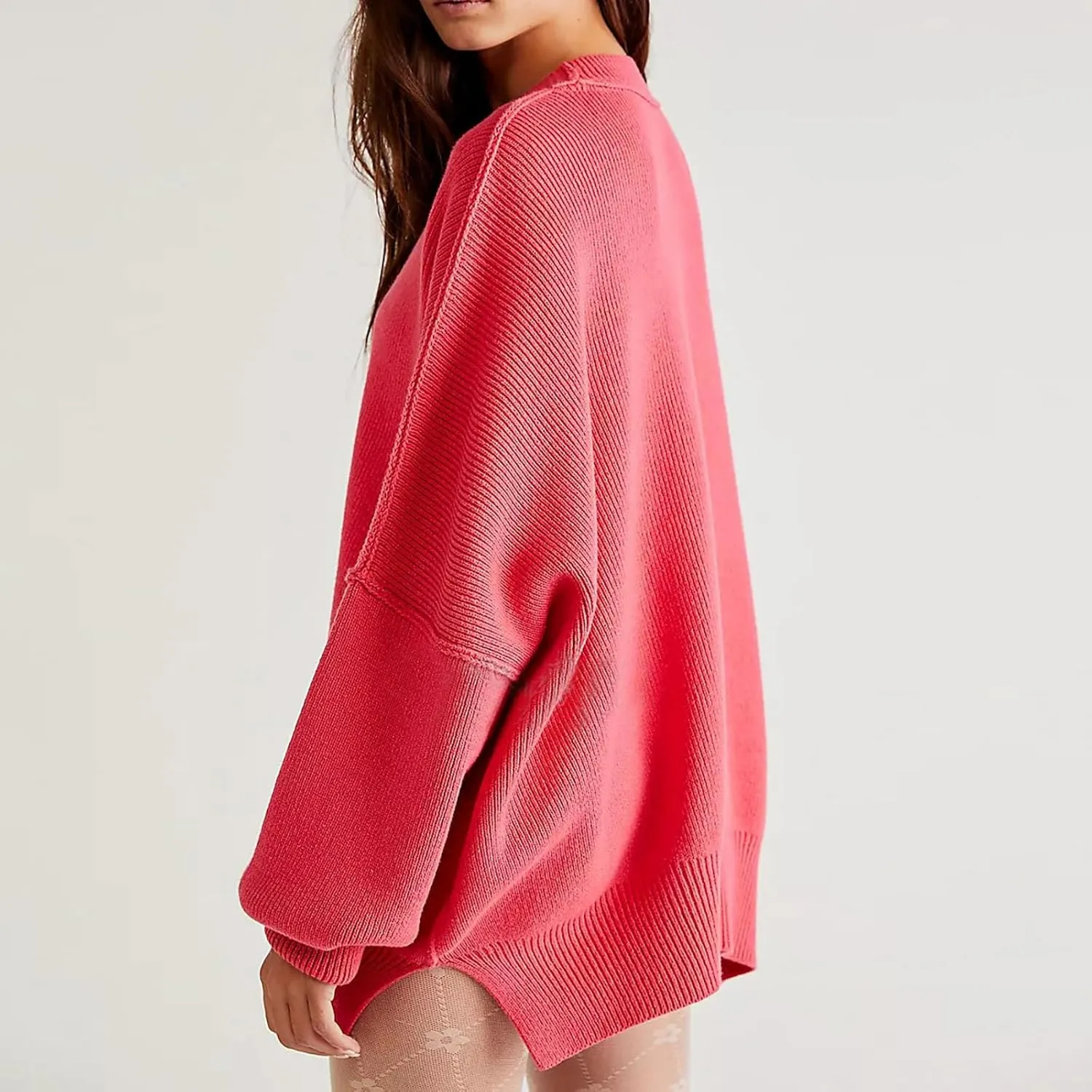 Womens Fall Fashion 2023 Crewneck Oversized Sweaters Batwing Long Sleeve Sweater Side Slit Ribbed Knit Pullover Tops
